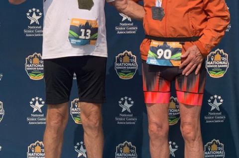 Pictured is Howard on the podium after competing in the Pictured is the 3 on 3 Basketball Team (The South Dakota Pheasants) with their Siver Medals. Triathlon with his Gold Medal. Courtesy Photos