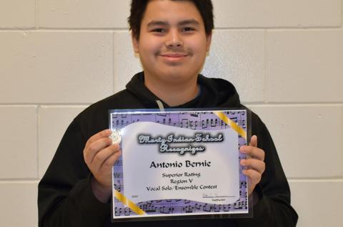 Antonio Bernie received a Superior Rating at the Vocal Contest in Kimball on February 5th. Courtesy Photo