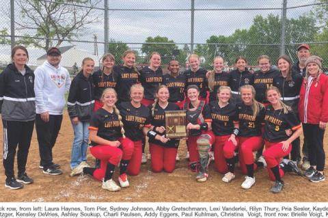 Back row, from left: Laura Haynes, Tom Pier, Sydney Johnson, Abby Gretschmann, Lexi Vanderlei, Rilyn Thury, Pria Sesler, Kaydence Metzger, Kensley DeVries, Ashley Soukup, Charli Paulsen, Addy Eggers, Paul Kuhlman, Christina Voigt, front row: Brielle Voigt