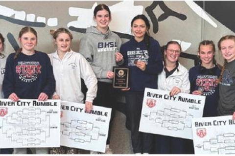 Bon Homme/Scotland/Avon Girls champs at River City Rumble Tournament in Chamberlain. Pictured are, from left: Harper Kracht, Bailey Kemnitz, Hadlee Kracht, Hope Kemnitz, Jasmine Ruelas-Hertz, Ashley Tolsma, Sydney Johnson and Peyton Hellmann. Courtesy Pho