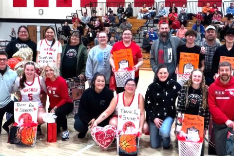 Parents/seniors are, back row from left: Pam Redlightning, Janae Patterson, Genesis Patterson, Jen Primeaux, Melissa Ulmer, April Hollingsworth, Pat Belling, Charley Kocer, Shawn Smejkal, Carter Smejkal, Donna Smejkal' front row: Matt Yost, Lydia Yost, Am